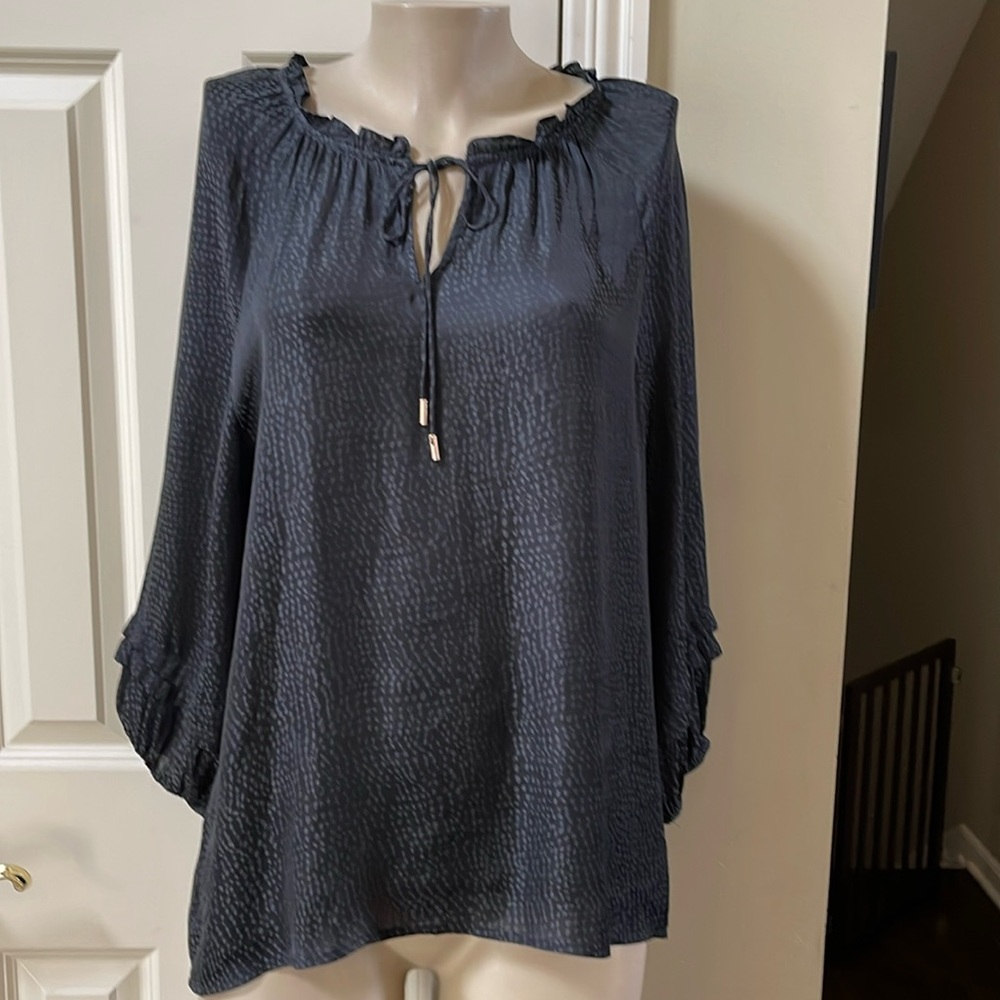 Skies Are Blue Print Ruffle tie  neckline Blouse, med